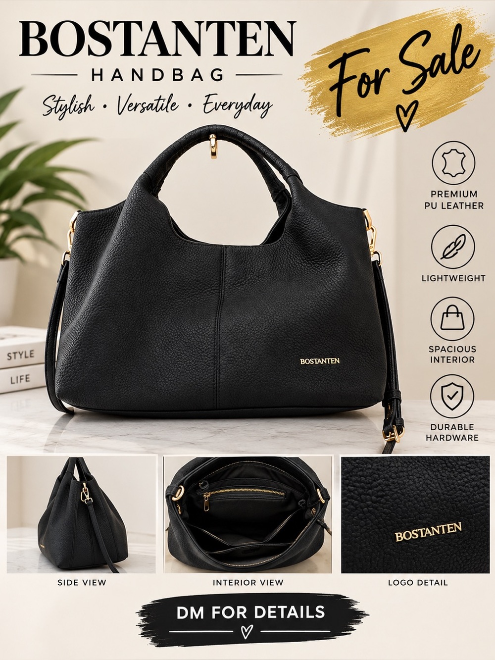 BOSTANTEN Navy Pebbled Leather Shoulder Bag with Crossbody Strap NWOT